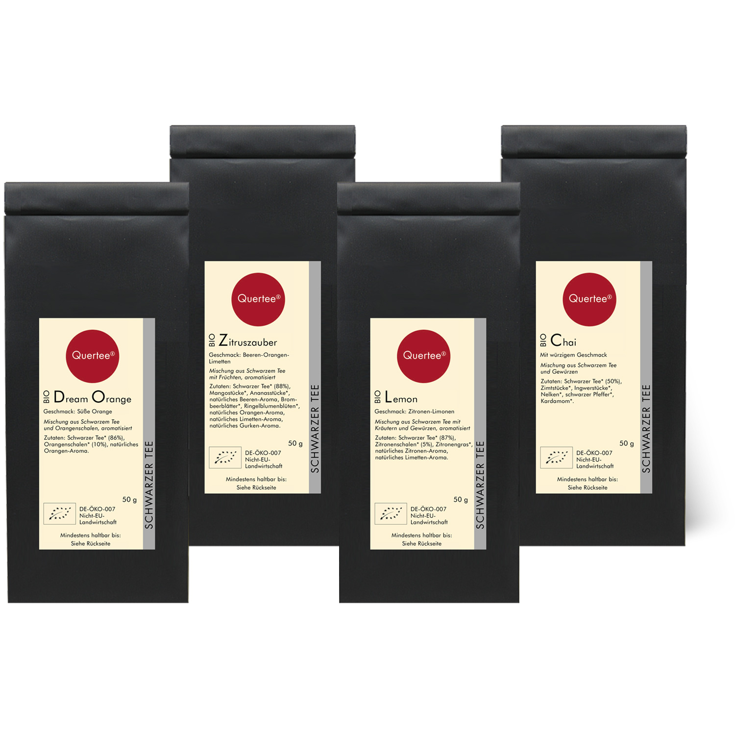 Quertee® Nr. 34 - Schwarztee Geschenkset Probierset Biotee  4 x 50 g - Dream Orange, Mangozauber, Lemon & Chai