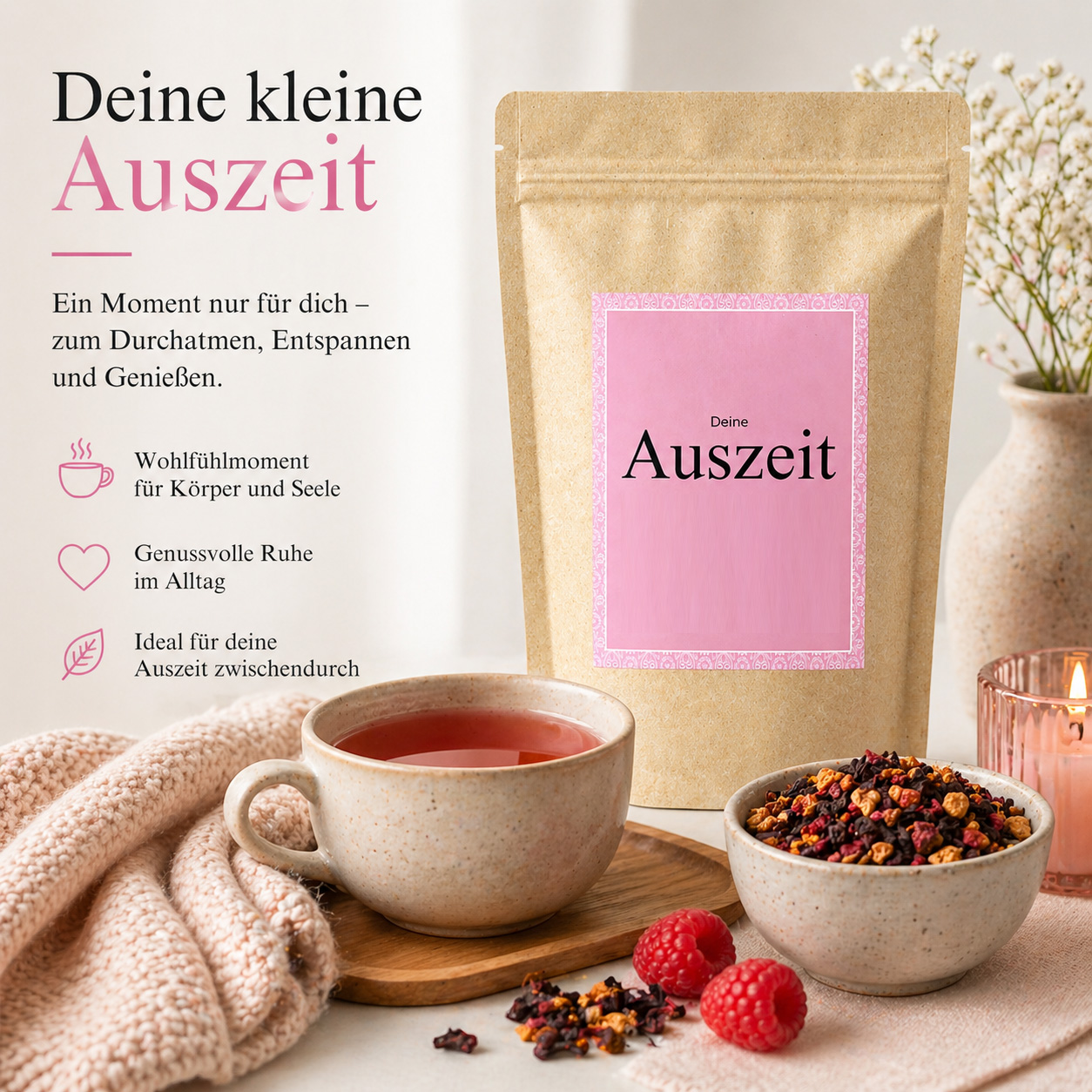 „Deine Auszeit“ – Entspannungstee mit Himbeer-Geschmack | Früchtetee für Ruhe & Wohlbefinden von Christea 70 g