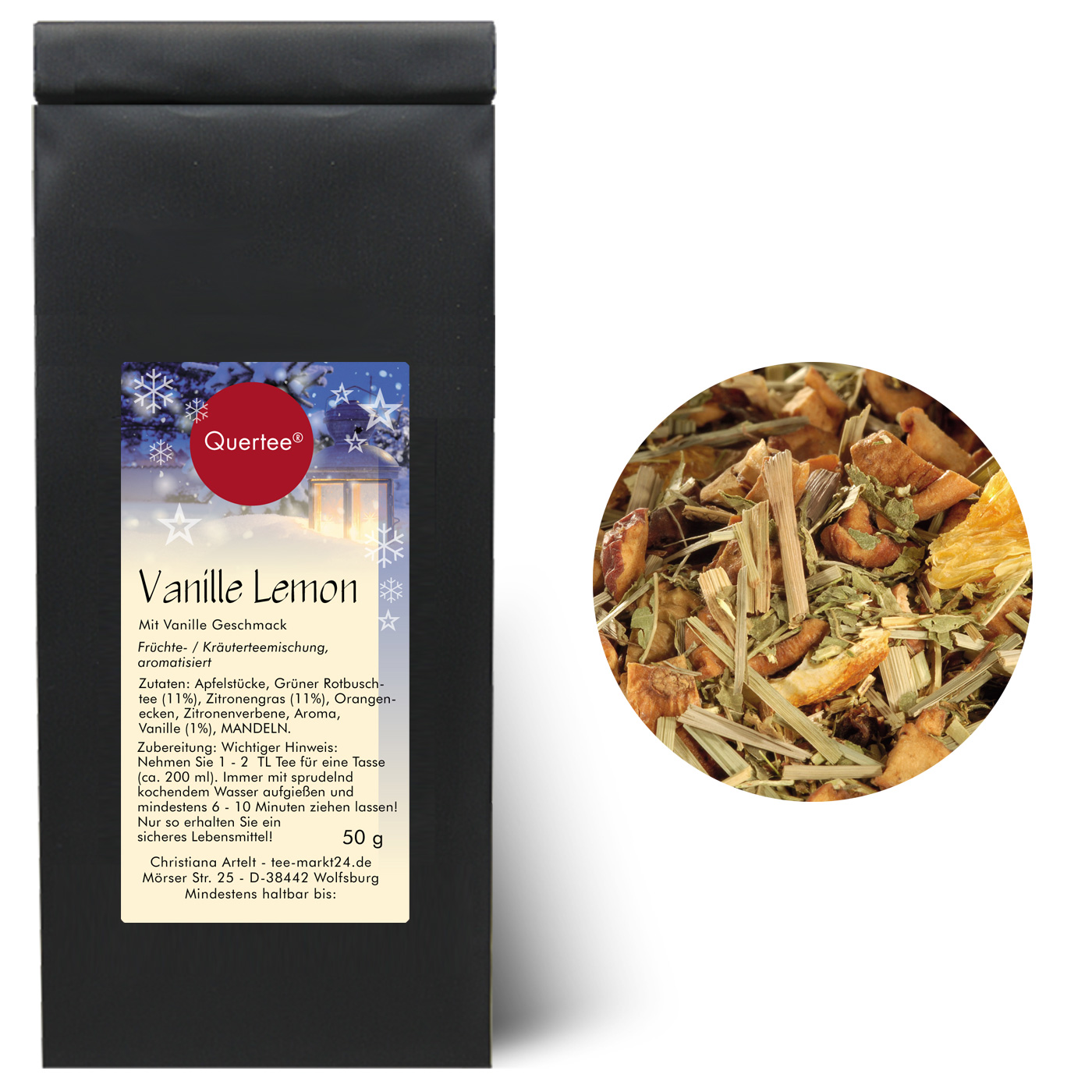 Tee Geschenk Weihnachten  - Quertee Nr. 7 – Weihnachtstee Geschenkset - 6 x 50 g Tee Geschenkset - Wintertee -  Vanille Lemon, Schneemütze, Lemon Chai, Kaminstunde, Wintermandel, Winters Delight - 300 g