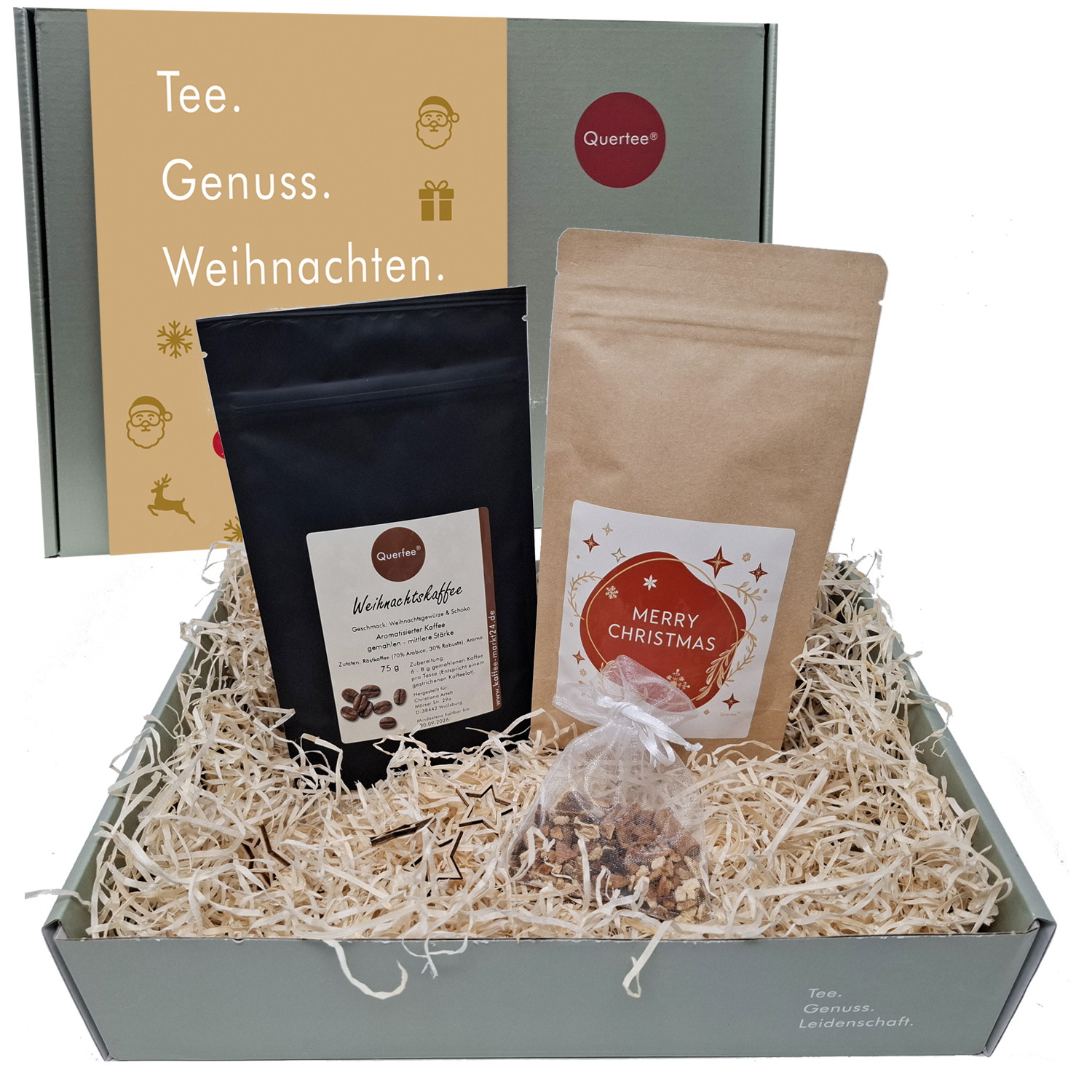 "Weihnachts Geschenkset Weihnachten mit Weihnachtskaffee, Merry Christmas Tee & Weihnachts Deko – Im Geschenkkarton