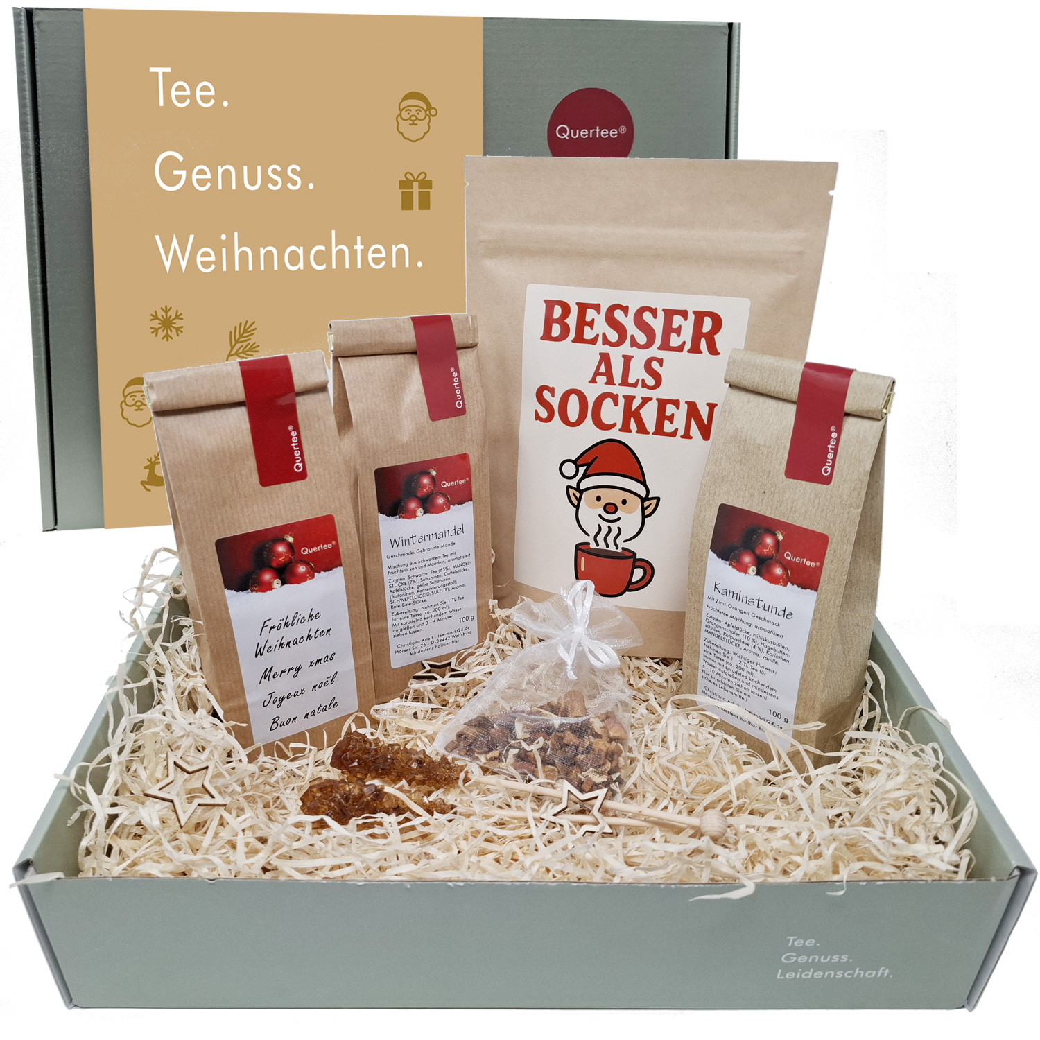 "Tee Geschenkset Weihnachten – Teegeschenk mit 4x Wintertee & Zubehör & Kandissticks & festliche Verpackung - Mit Tee, Kandis, Gewürzen, ...