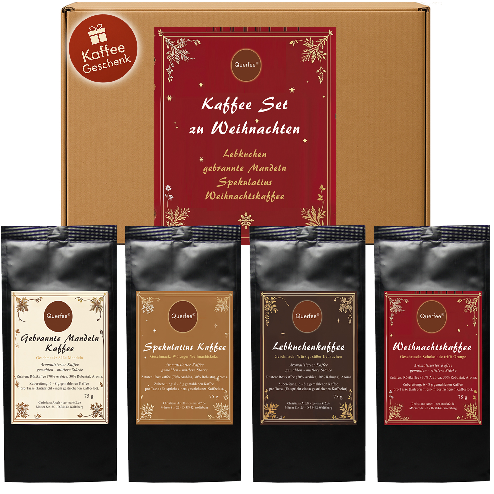 "Kaffee zu Weihnachten - Weihnachtskaffee, Spekulatius , Lebkuchen , Gebrannte Mandeln - gemahlen - Kaffee mit Geschmack Probierset / Geschenkset