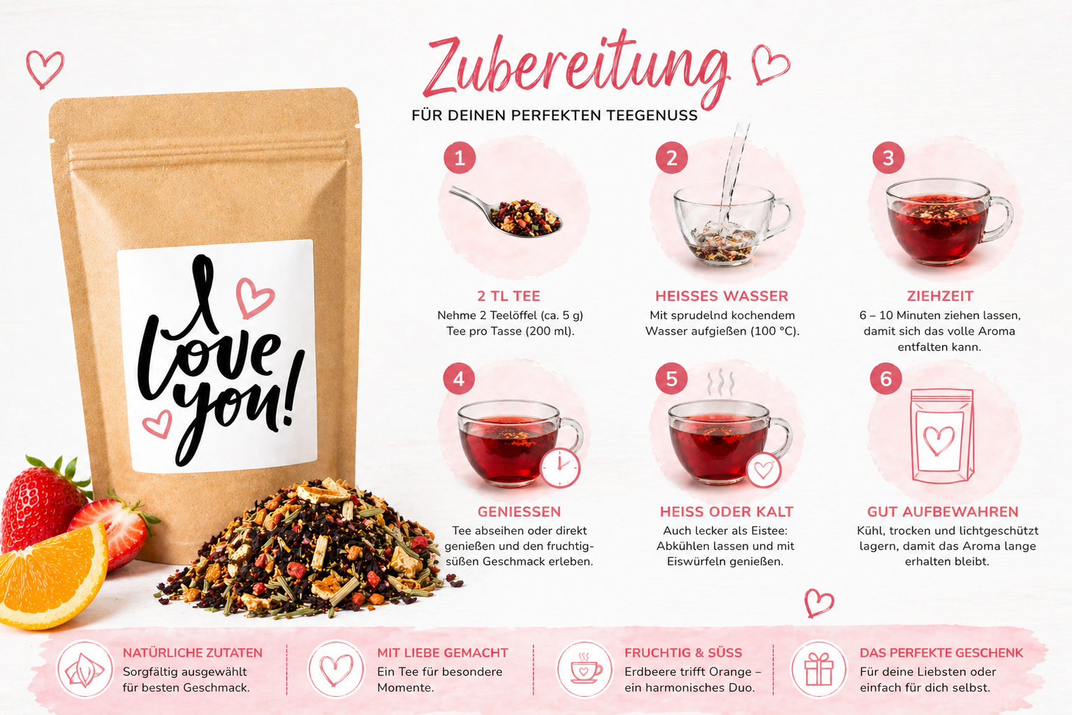 „I love you - Ich liebe Dich“ mit Erdbeer-Orangen-Geschmack | Teegeschenk von Christea - 100 g