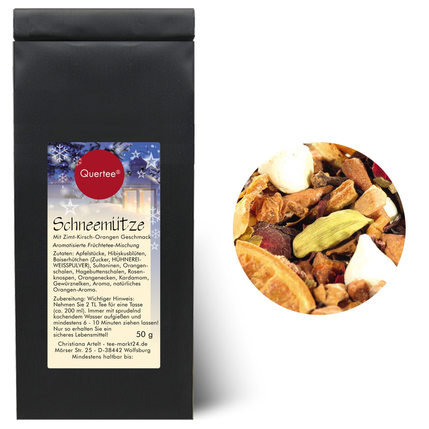 Tee Geschenk Weihnachten  - Quertee Nr. 7 – Weihnachtstee Geschenkset - 6 x 50 g Tee Geschenkset - Wintertee -  Vanille Lemon, Schneemütze, Lemon Chai, Kaminstunde, Wintermandel, Winters Delight - 300 g