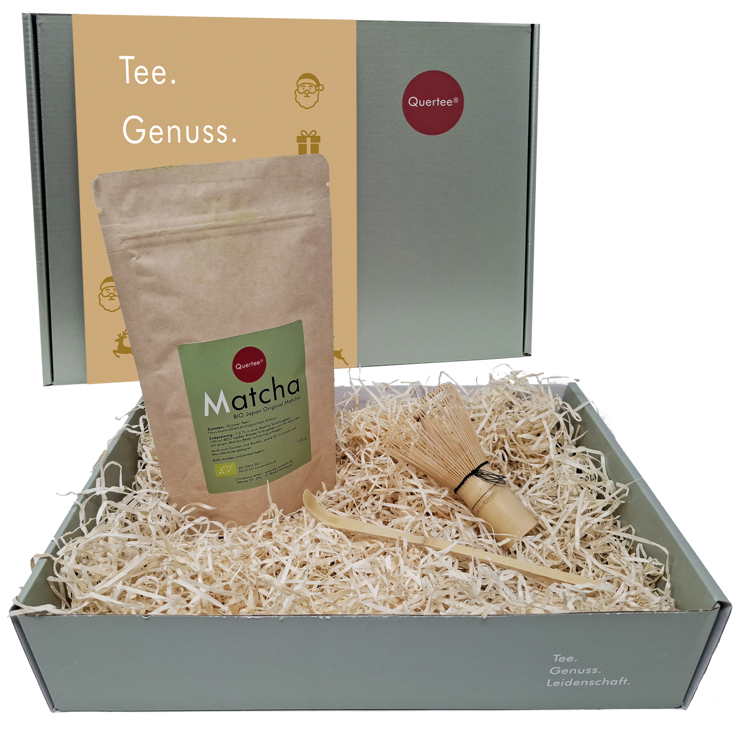 "Matcha Geschenkset – Quertee Bio Matcha Pulver aus Japan mit Bambusbesen & Bambuslöffel im Geschenkkarton – Tradition trifft Matcha Genuss