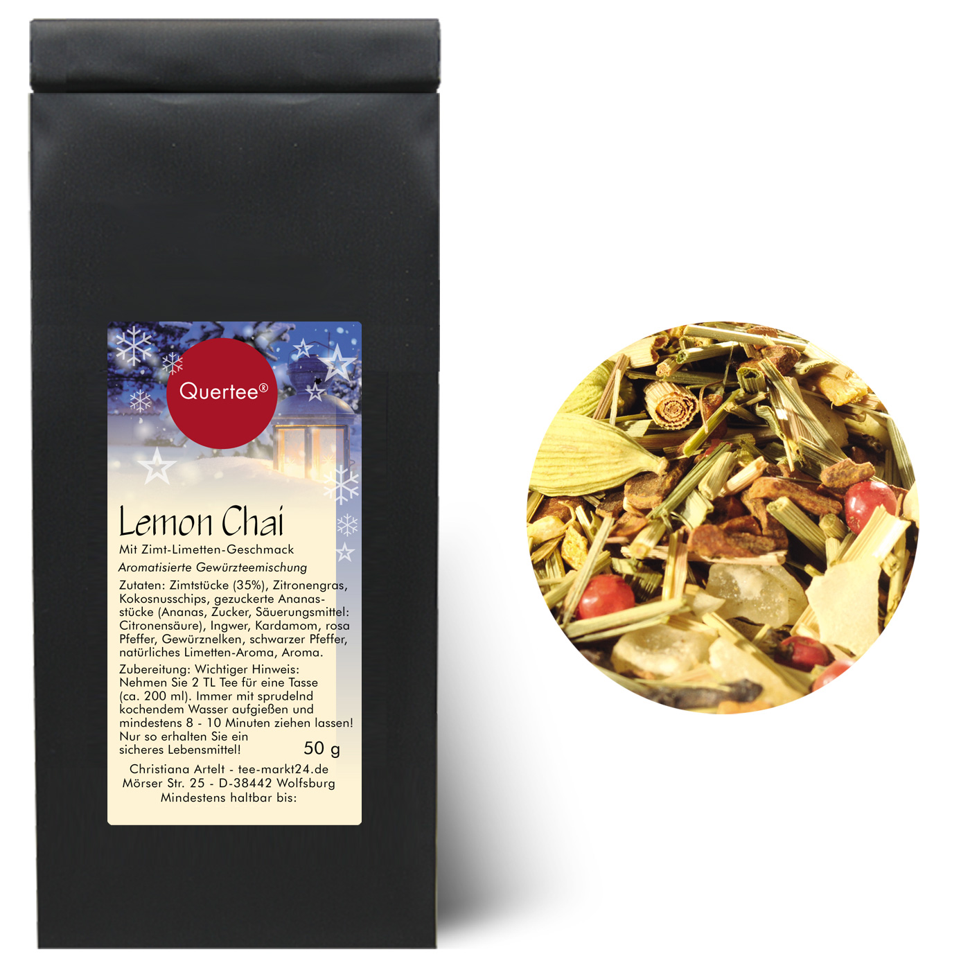 Tee Geschenk Weihnachten  - Quertee Nr. 7 – Weihnachtstee Geschenkset - 6 x 50 g Tee Geschenkset - Wintertee -  Vanille Lemon, Schneemütze, Lemon Chai, Kaminstunde, Wintermandel, Winters Delight - 300 g