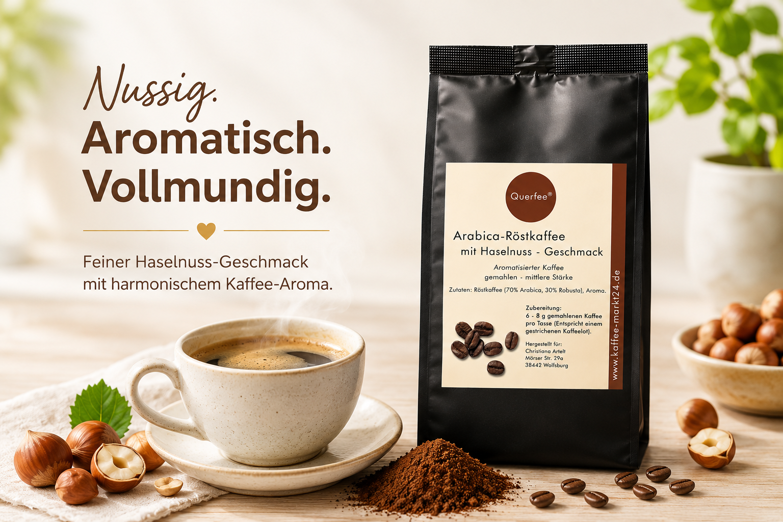 Haselnuss Kaffee - Arabica Röstkaffee mit Haselnuss Geschmack - gemahlen