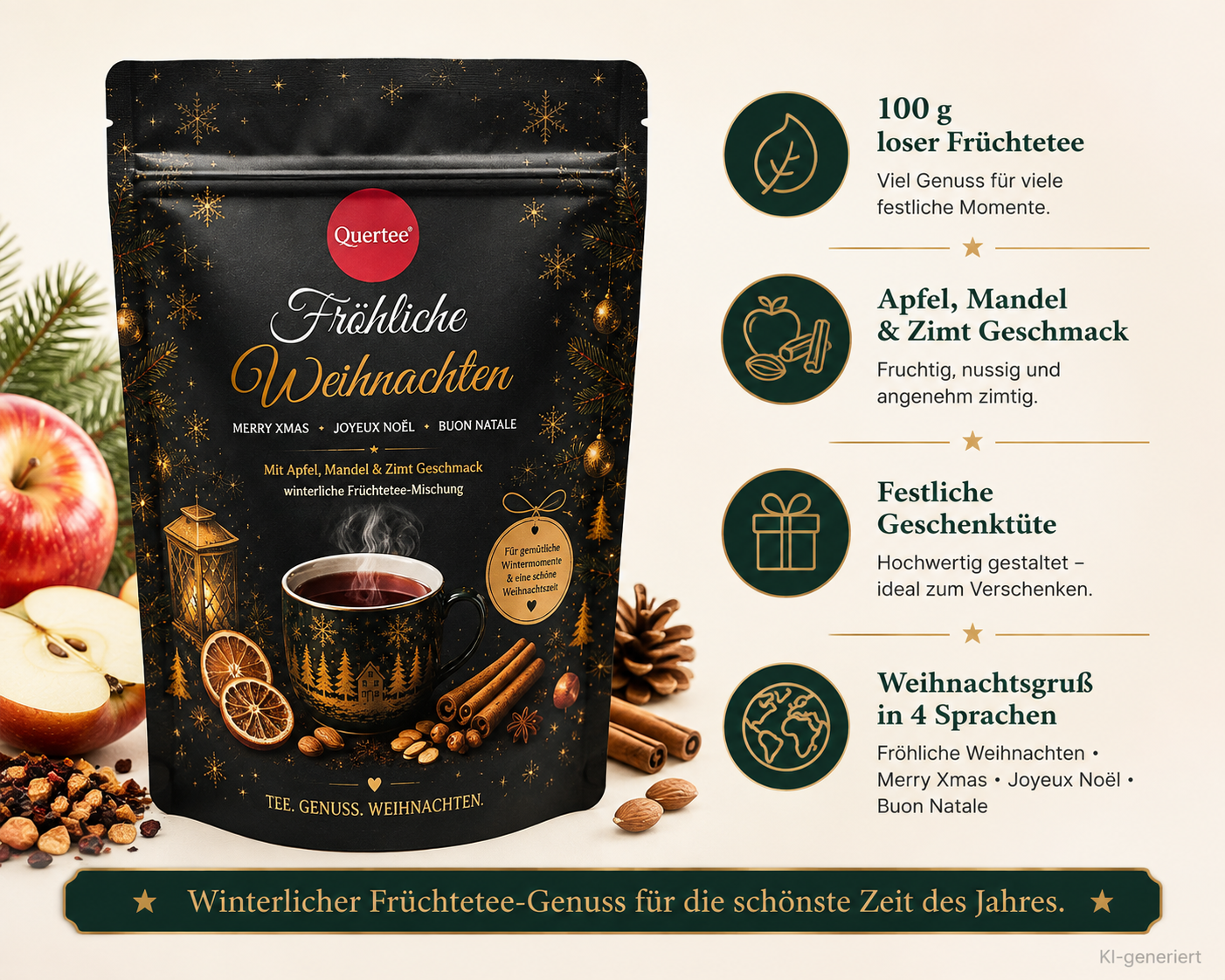 Weihnachtstee „Fröhliche Weihnachten“ – Früchtetee mit Apfel, Mandel & Zimt Geschmack - Frohe Weihnachten