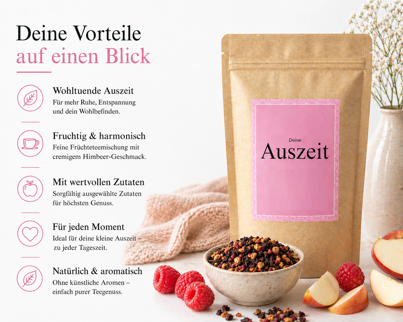 „Deine Auszeit“ – Entspannungstee mit Himbeer-Geschmack | Früchtetee für Ruhe & Wohlbefinden von Christea 70 g