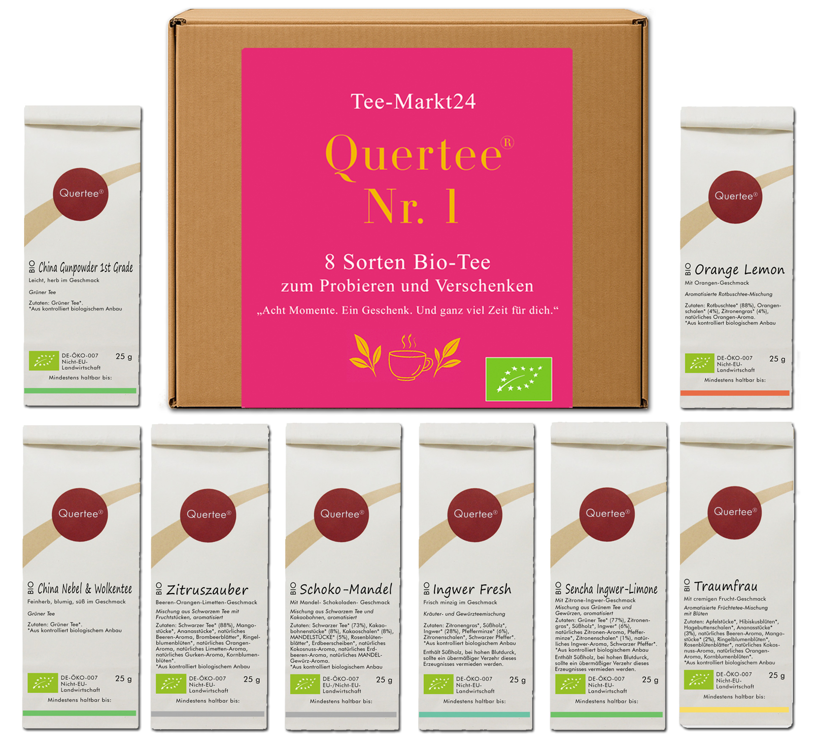 Probierset Bio Tee Quertee® Nr. 1 - 8 x 25 g verschiedene Biotee als Geschenkset / Probierset