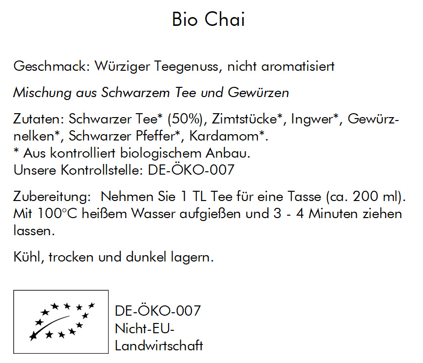 Bio Chai Tee – Schwarzer Tee mit Gewürzen – 1 kg Großpackung