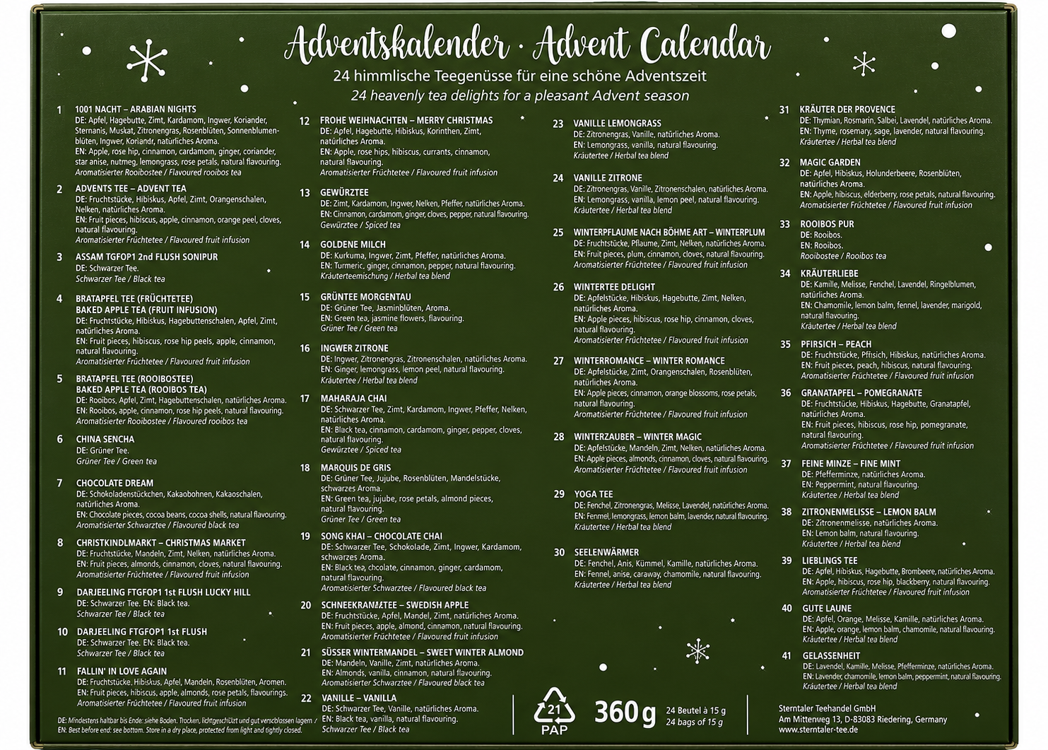 Tee Adventskalender 2026 mit 24 x losem Tee – 24 Türchen – 360 g