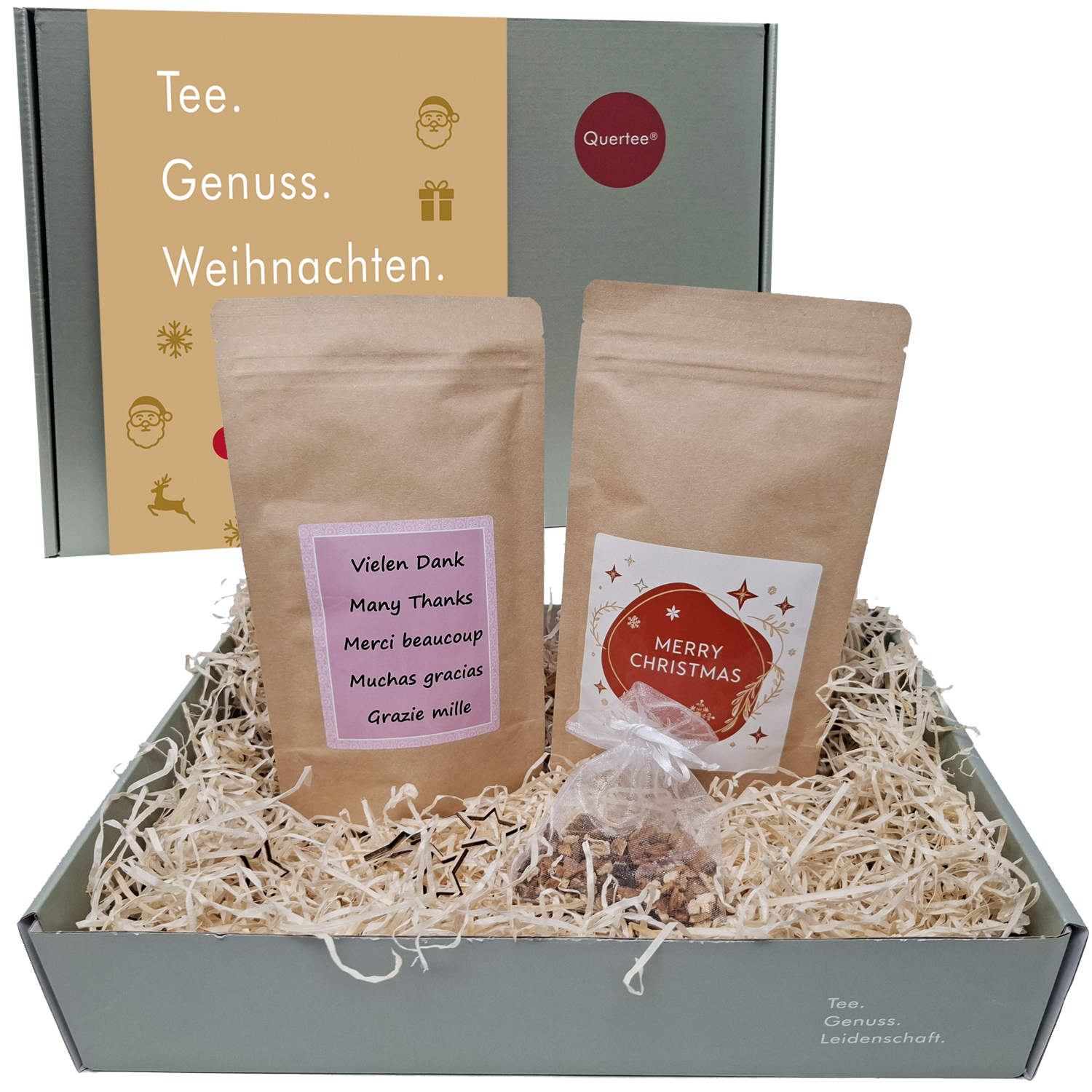 "Tee Geschenkset Weihnachten  „Merry Christmas & Dankeschön“ – mit Weihnachtsgewürzen im Geschenkkarton mit Holzwolle