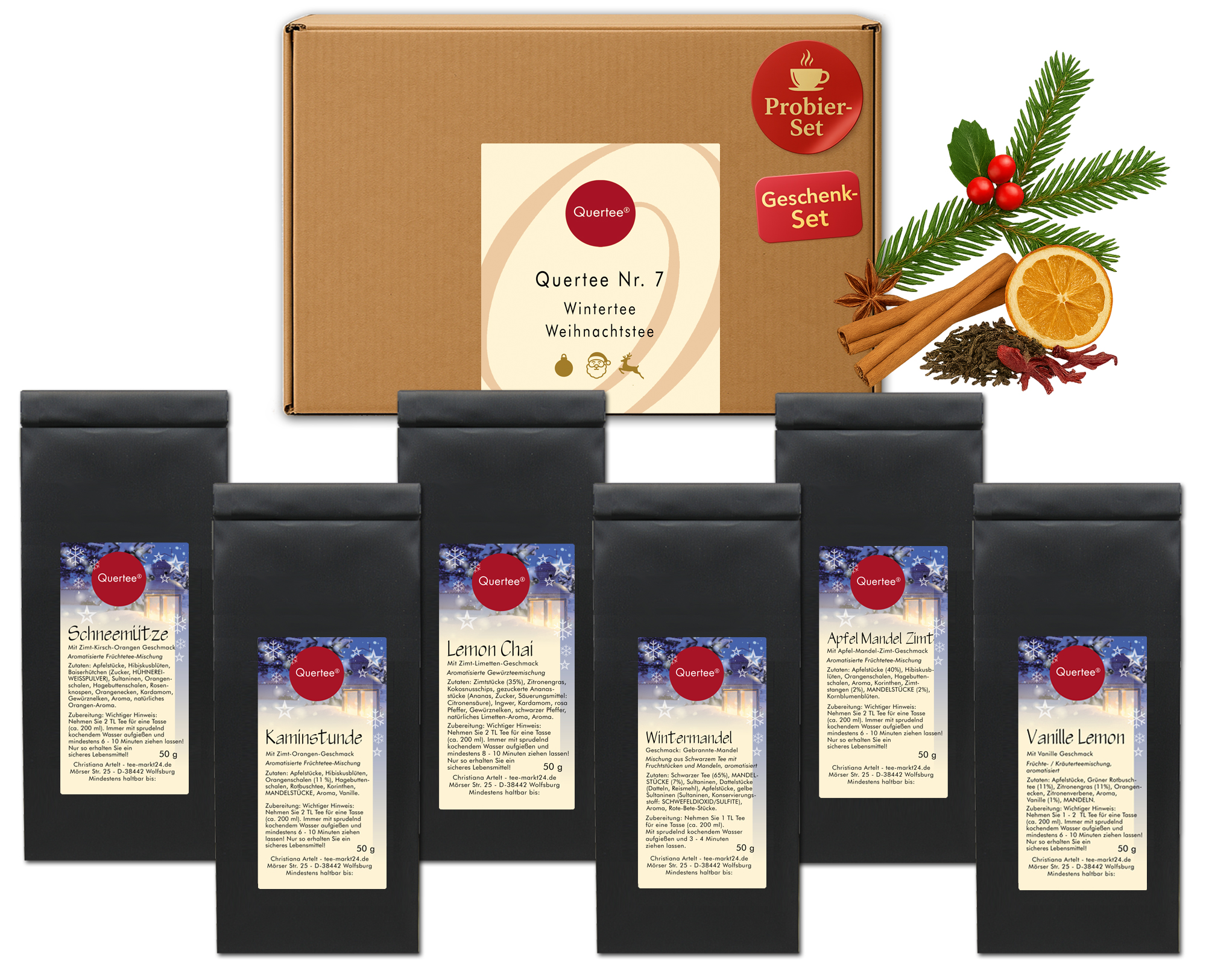 Tee Geschenk Weihnachten  - Quertee Nr. 7 – Weihnachtstee Geschenkset - 6 x 50 g Tee Geschenkset - Wintertee -  Vanille Lemon, Schneemütze, Lemon Chai, Kaminstunde, Wintermandel, Winters Delight - 300 g