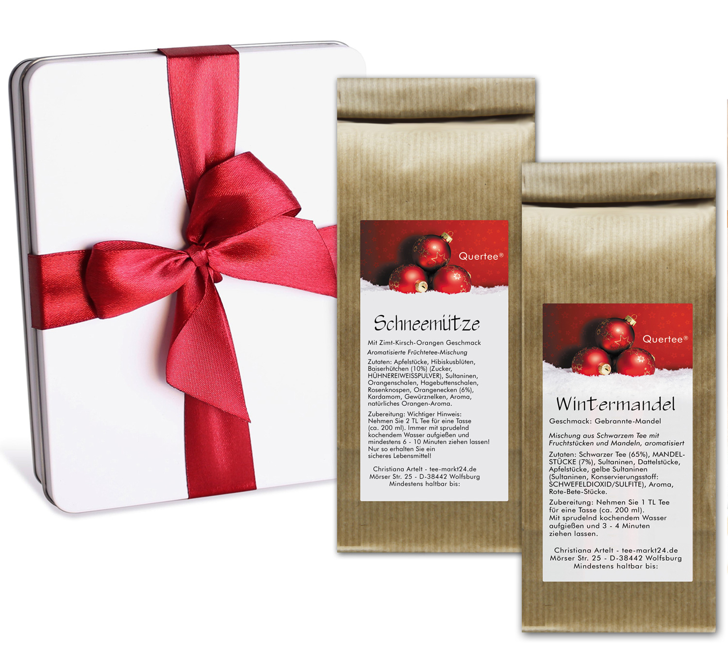 "Weihnachtstee Geschenkset – 2er Set Wintertee in Geschenkdose mit roter Schleifer Winternandel & Schneeflöckchen
