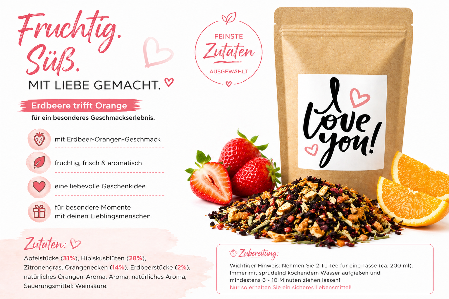 „I love you - Ich liebe Dich“ mit Erdbeer-Orangen-Geschmack | Teegeschenk von Christea - 100 g