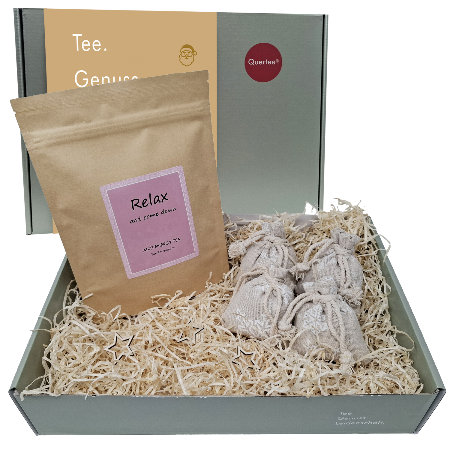 "Tee Geschenk für Deine Auszeit „Relax & Come Down“ – Kräutertee & Lavendelsäckchen im Geschenkkarton – Entspannung & Wohlfühlmomente schenken