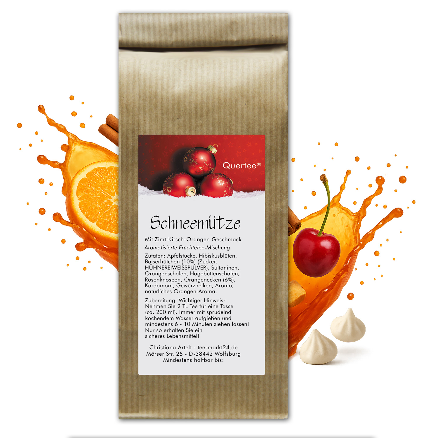 Früchtetee „Schneemütze“ mit Zimt, Kirsch & Orange Geschmack | Früchtetee Mischung mit Baiser-Hütchen & Fruchtstücken - Winter- & Weihnachtstee