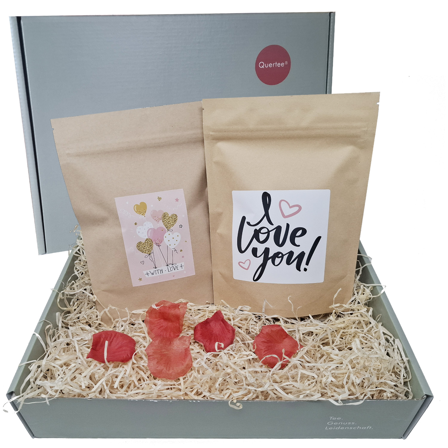 Valentinstag Tee-Geschenkset mit Rosenblättern mit „I love you“ & „With Love“ - Tee als Geschenk