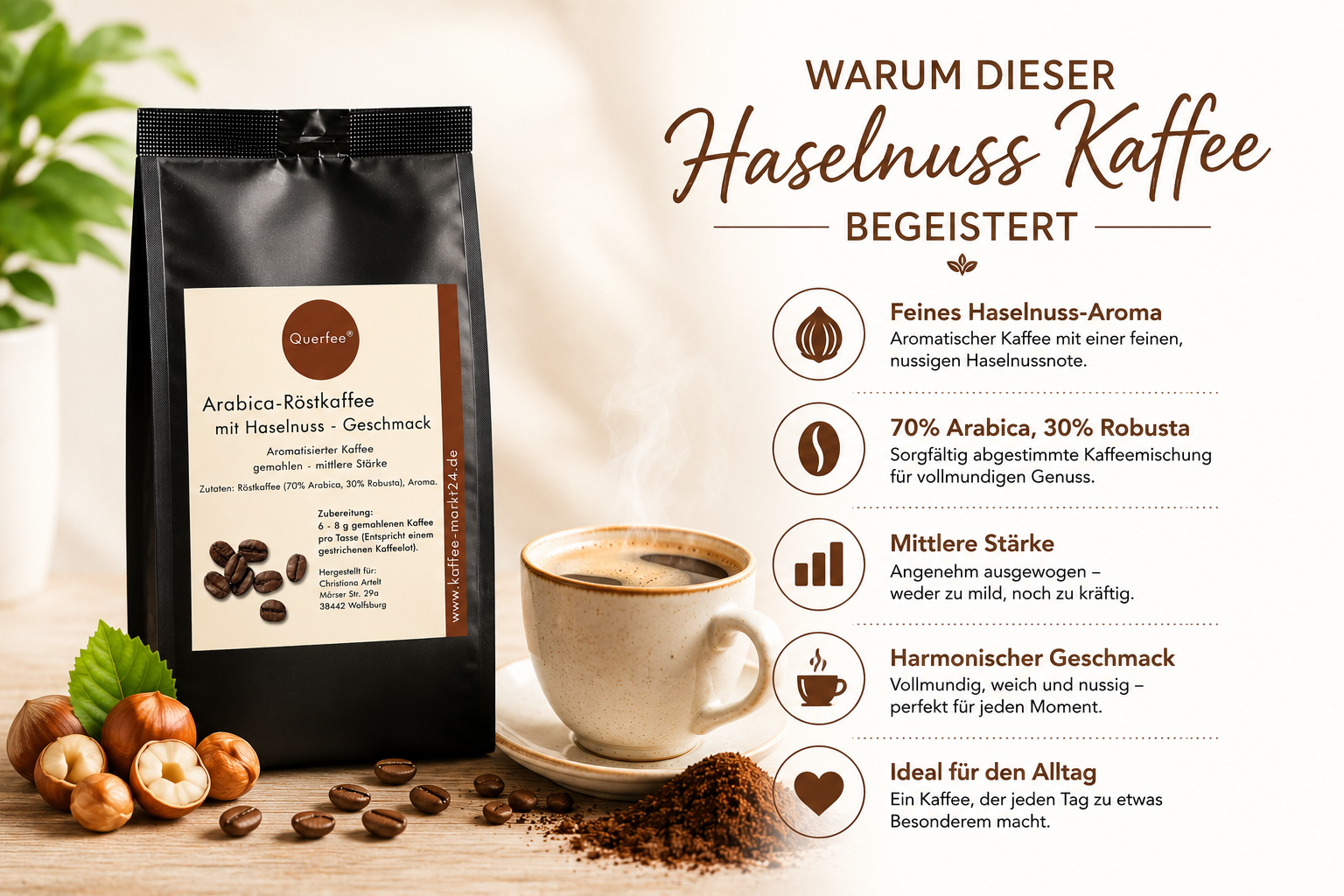 Haselnuss Kaffee - Arabica Röstkaffee mit Haselnuss Geschmack - gemahlen