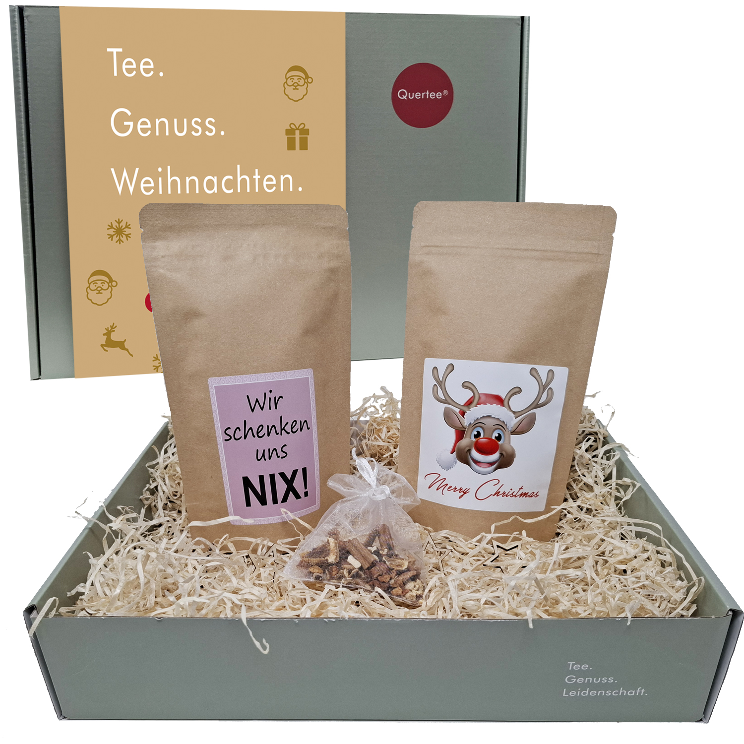 "Tee Geschenkset Weihnachten „Wir schenken uns NIX!“ & "Merry Christmas" Tee & Weihnachtsdeko im Geschenkkarton mit Holzwolle und Sternchen